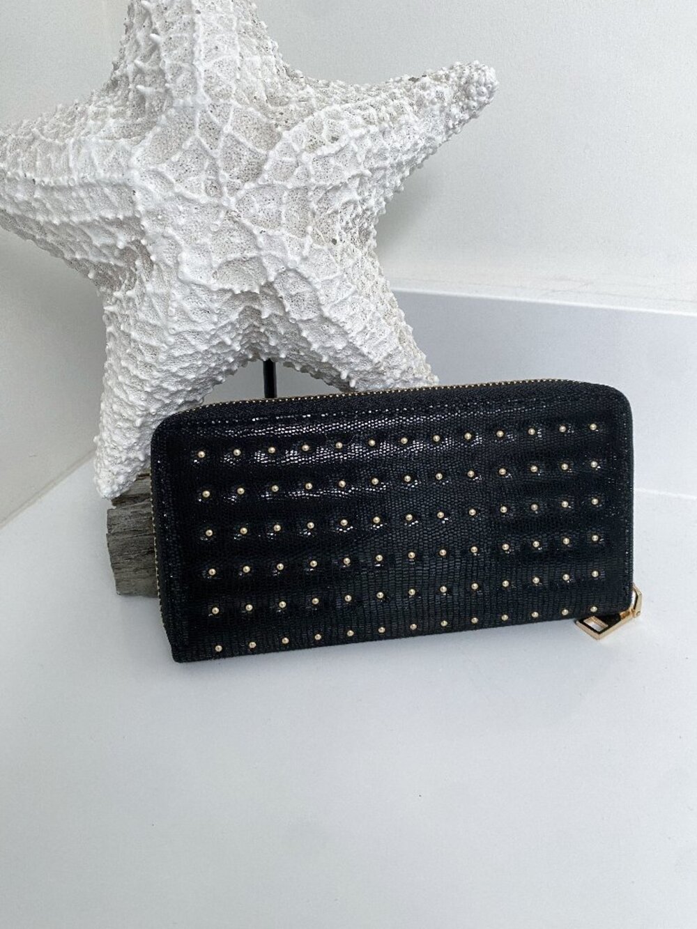 Black Studded Zip Around Wallet Gold Hardware Multi Compartment